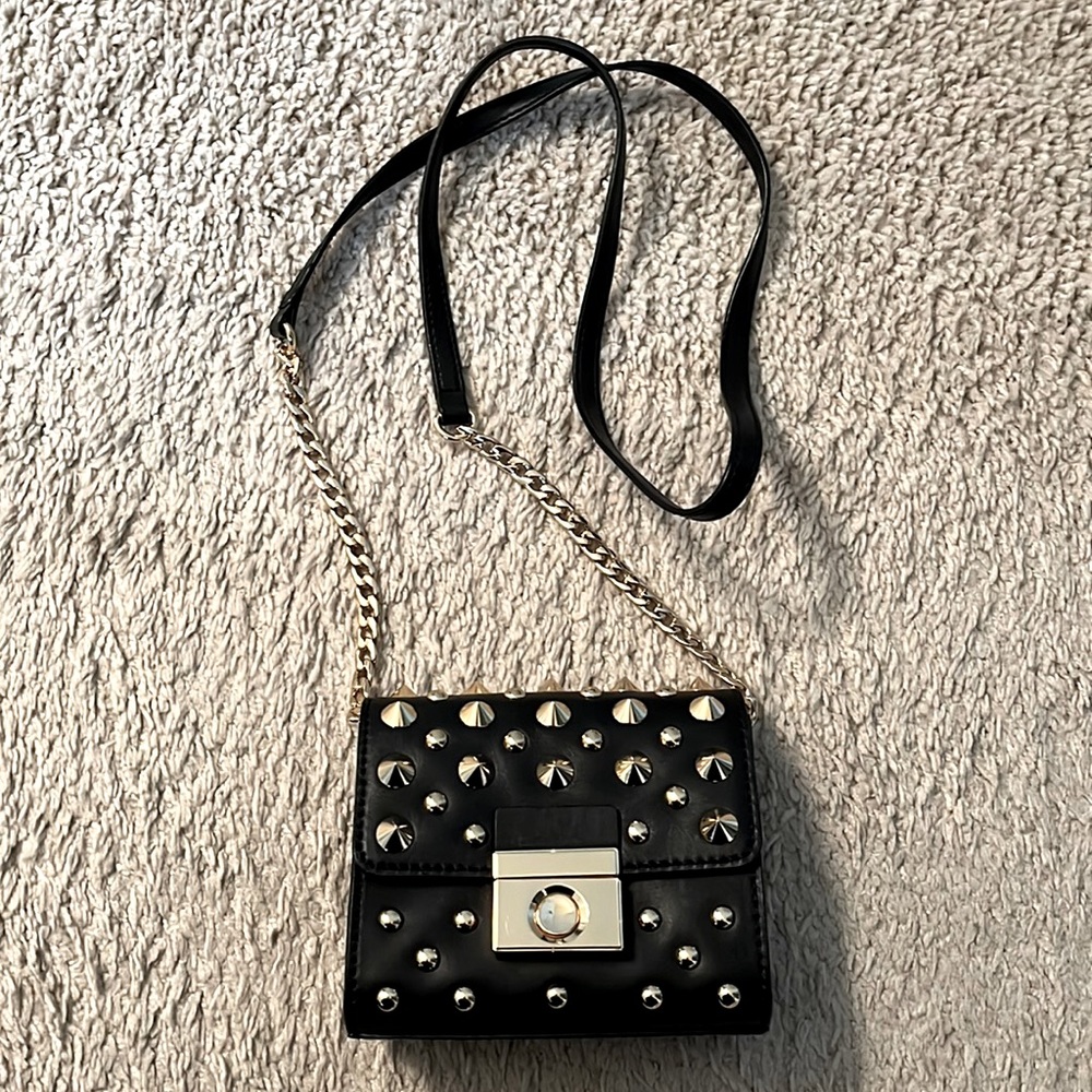 Milly, Mini Black Leather Studded Crossbody Bag w